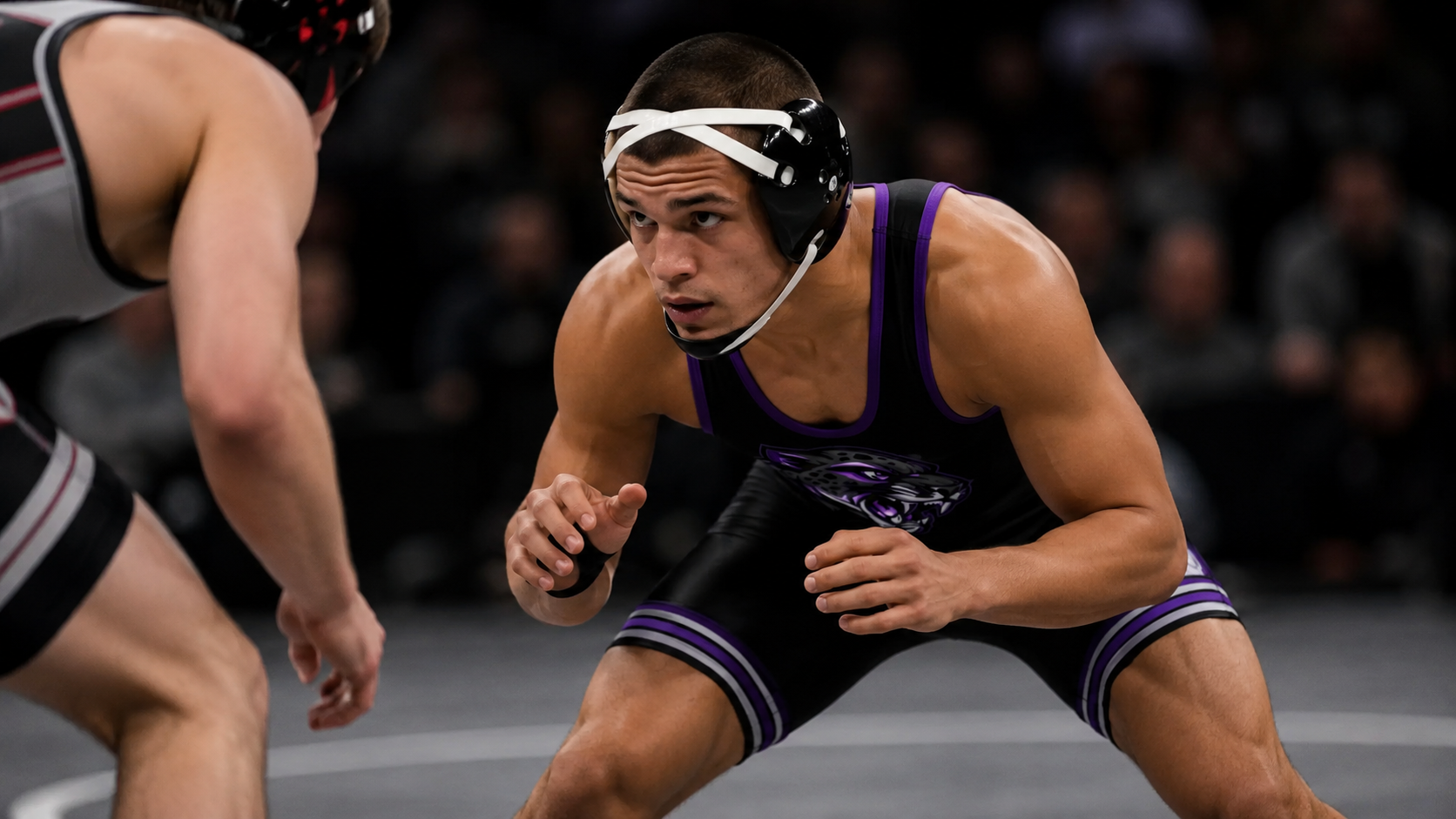High school wrestler in a low wrestling stance