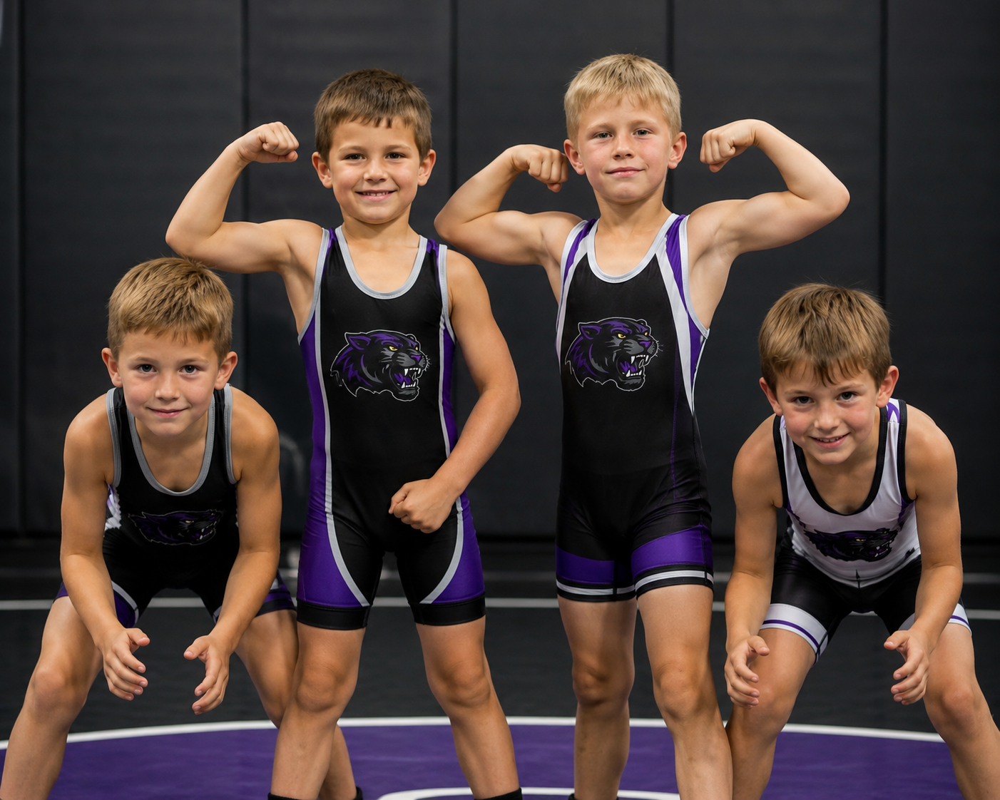 Youth wrestlers practicing top control during a wrestling session